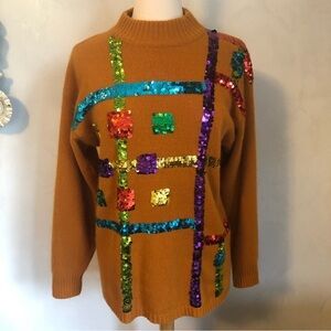 Vintage DONT STOP Brunt orange sweater w/lantern sleeves and sequence Size Large
